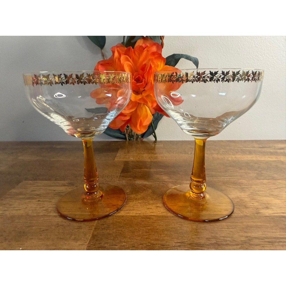 Vintage Amber Stem Champagne Coupe Glasses Set Gold Floral Rim Cocktail Glasses